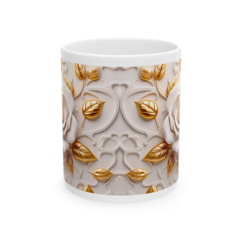 White Rose & Gold Leaves Mug – 11oz Ceramic