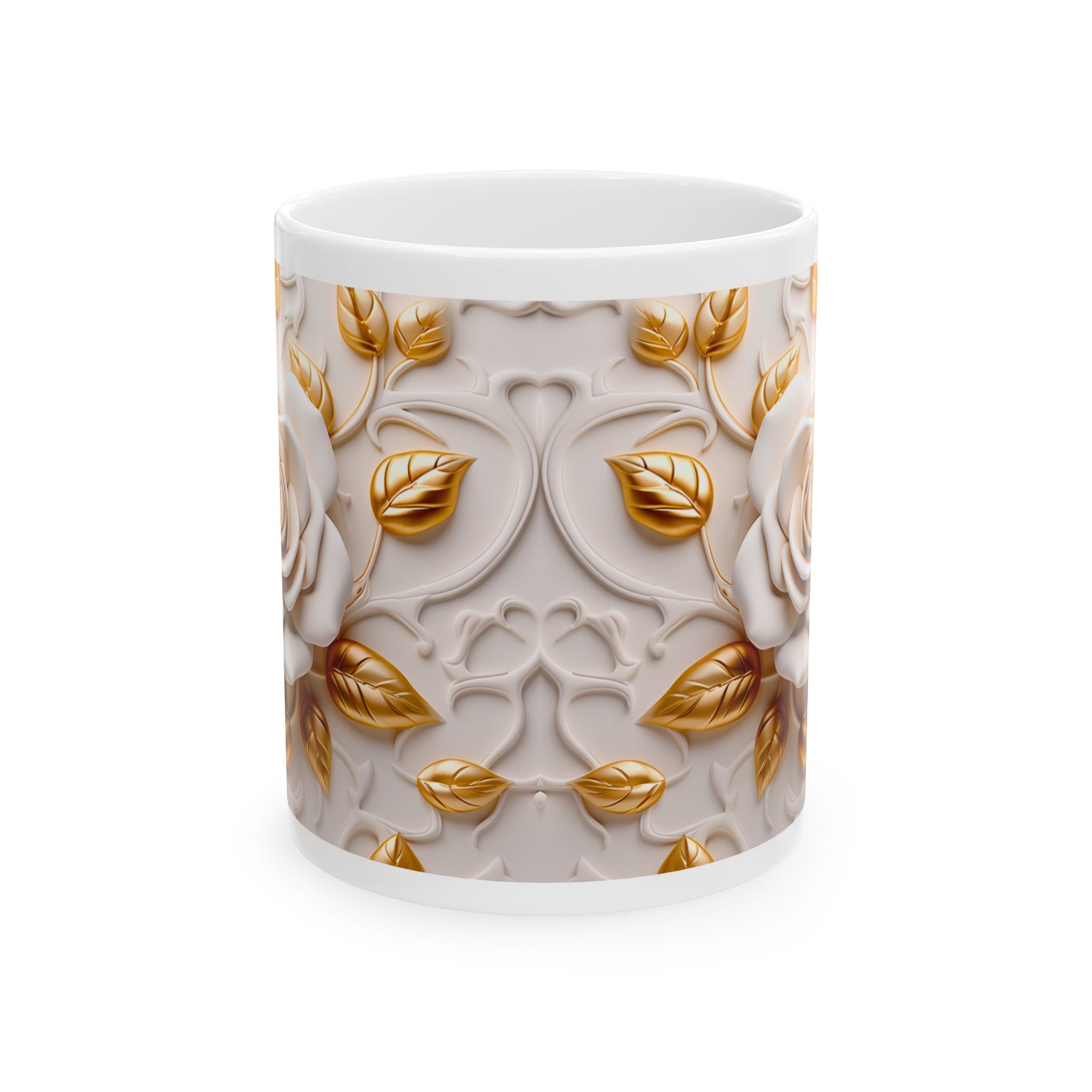 White Rose & Gold Leaves Mug – 11oz Ceramic