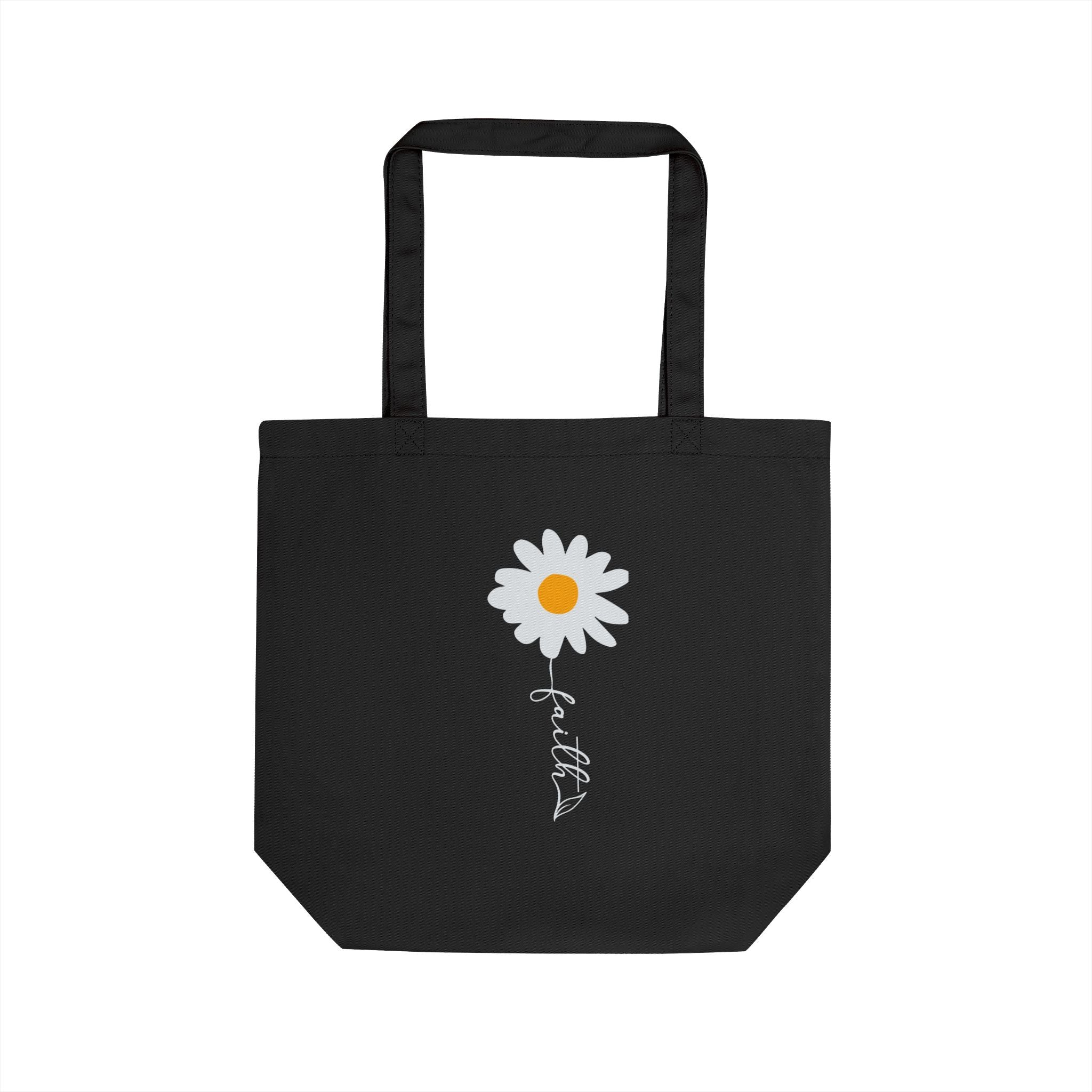 Black Organic Cotton Tote – Minimalist Daisy “Faith” Design