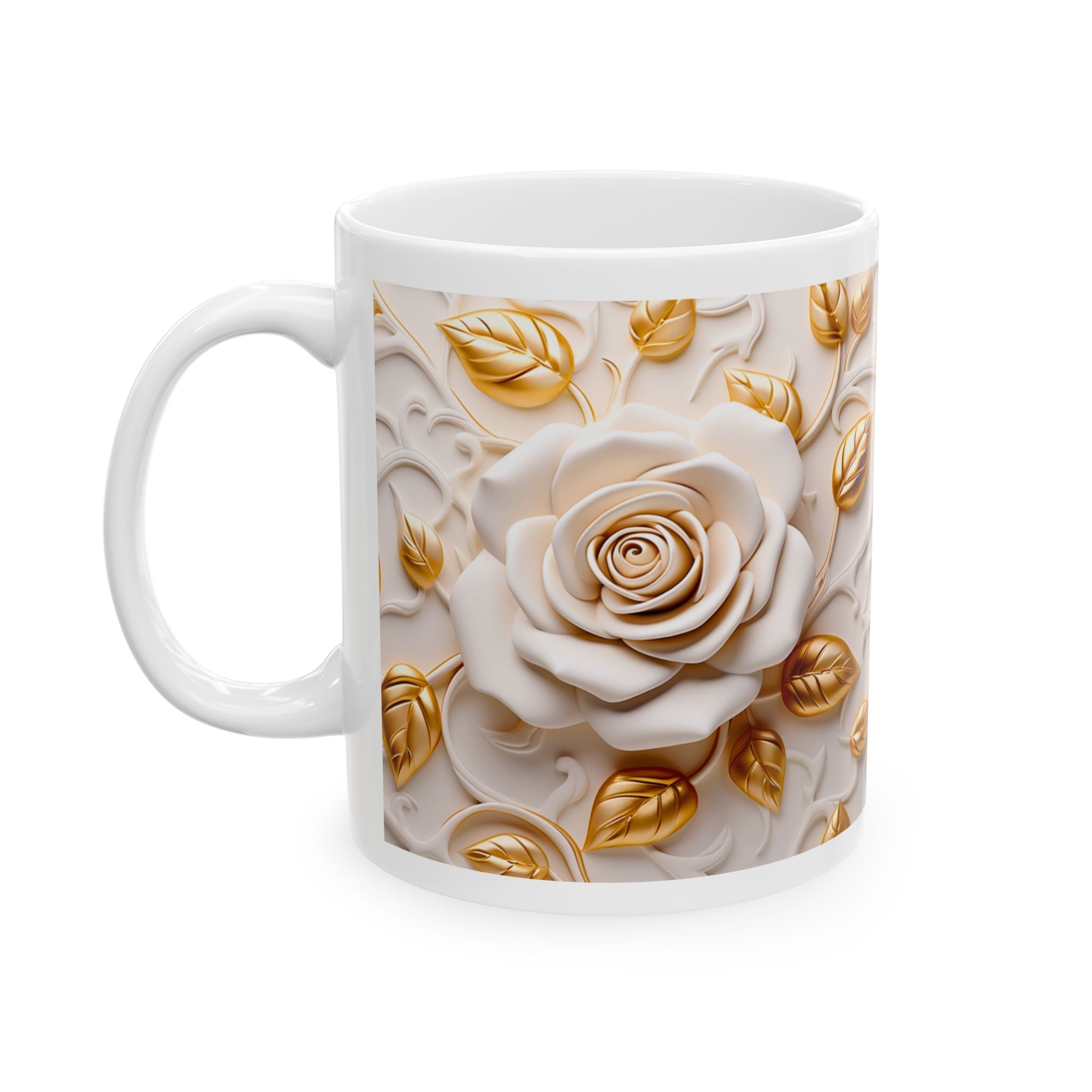 White Rose & Gold Leaves Mug – 11oz Ceramic