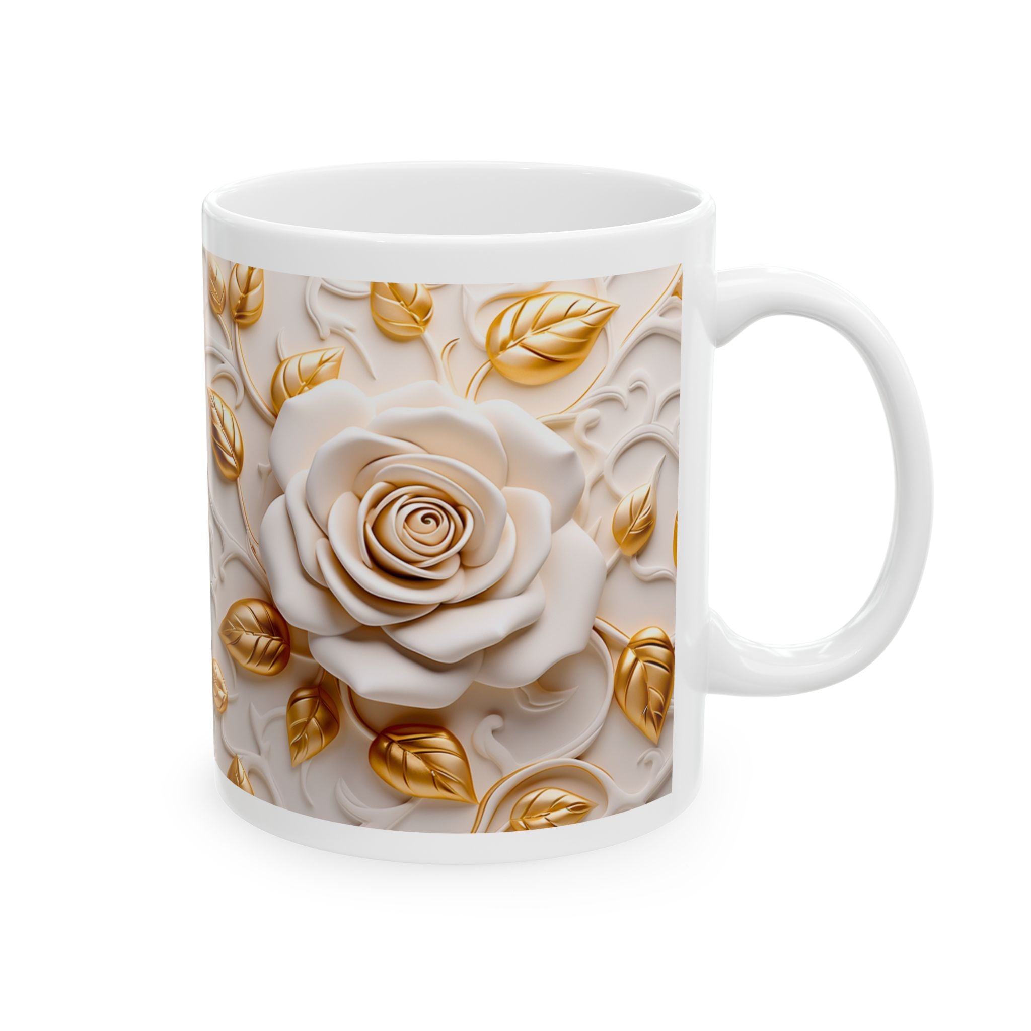 White Rose & Gold Leaves Mug – 11oz Ceramic