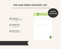 Lime-themed printable grocery list template with pastel green accents and instant download badge.