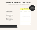 Lemon-themed minimalist grocery list printable with organized sections and pastel design.