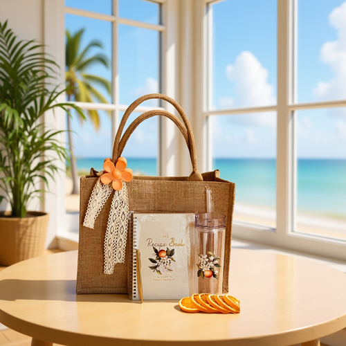 Lemon-themed gift set with jute tote, recipe book, acrylic tumbler, pen, flower hair pin on a beachside table.
