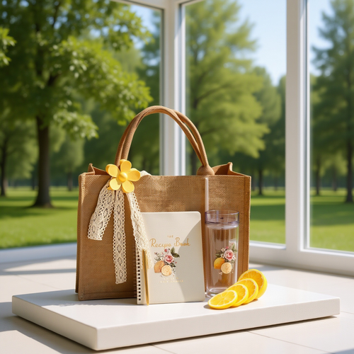 Lemon-themed jute tote set with tumbler, recipe book, gold pen, flower hair pin, and lemon slices.