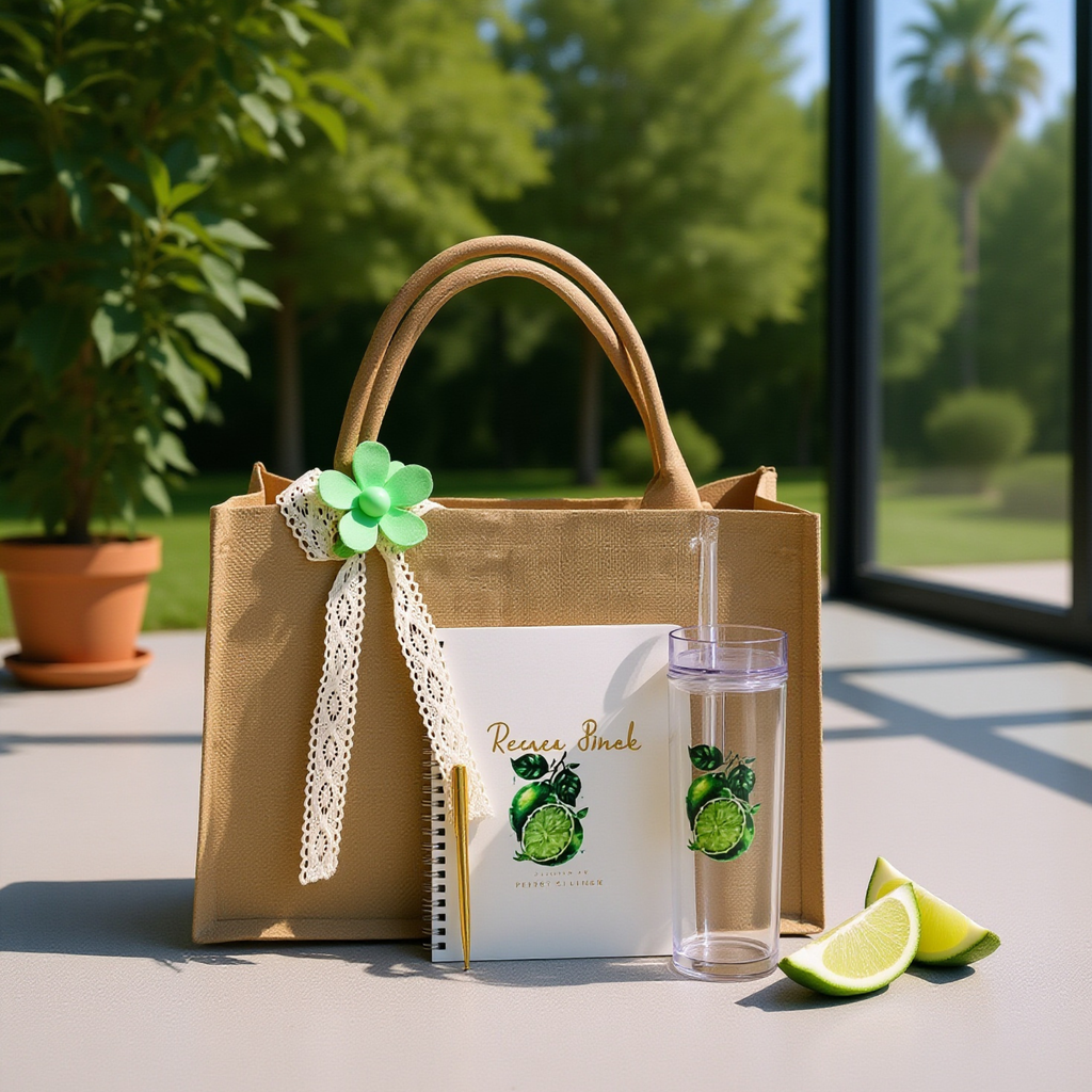 Lemon-themed jute tote bag set with flower hair pin, acrylic tumbler, recipe book, and pen