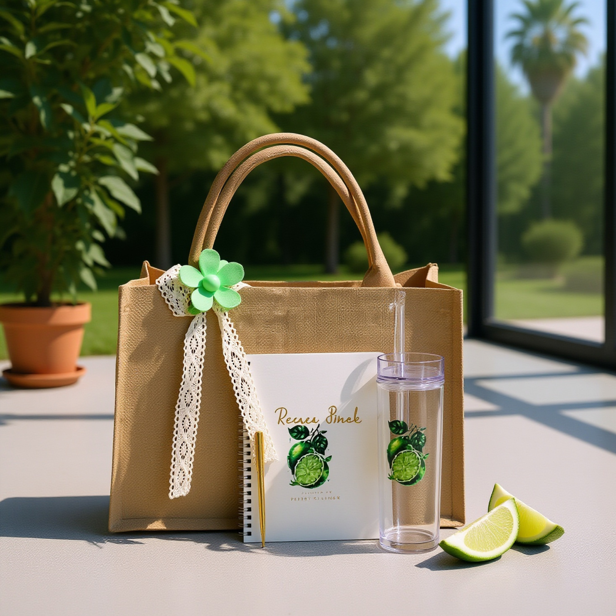 Lemon-themed jute tote bag set with flower hair pin, acrylic tumbler, recipe book, and pen