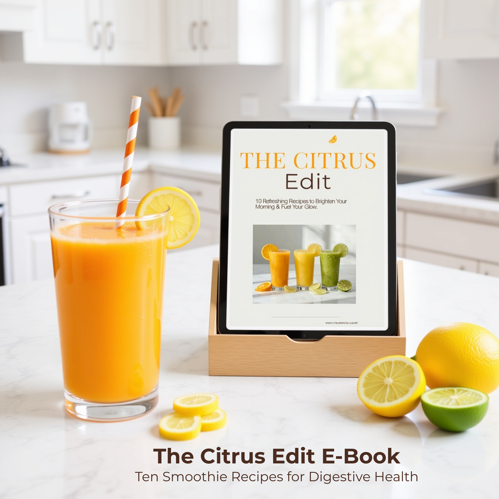 Glass of citrus smoothie with lemon slices beside a tablet showing 'The Citrus Edit' recipes on a kitchen counter.
