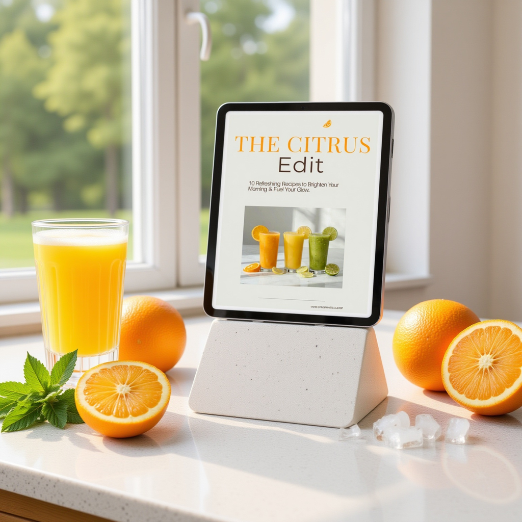 Fresh orange juice and sliced oranges with an iPad displaying citrus recipes on a kitchen counter